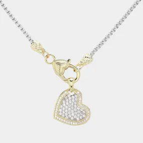 14K Gold Plated Two Tone CZ Paved Heart Pendant Necklace