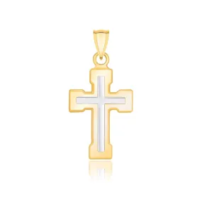 14k Two-Tone Gold Dual Cross Design Pendant with Block Ends