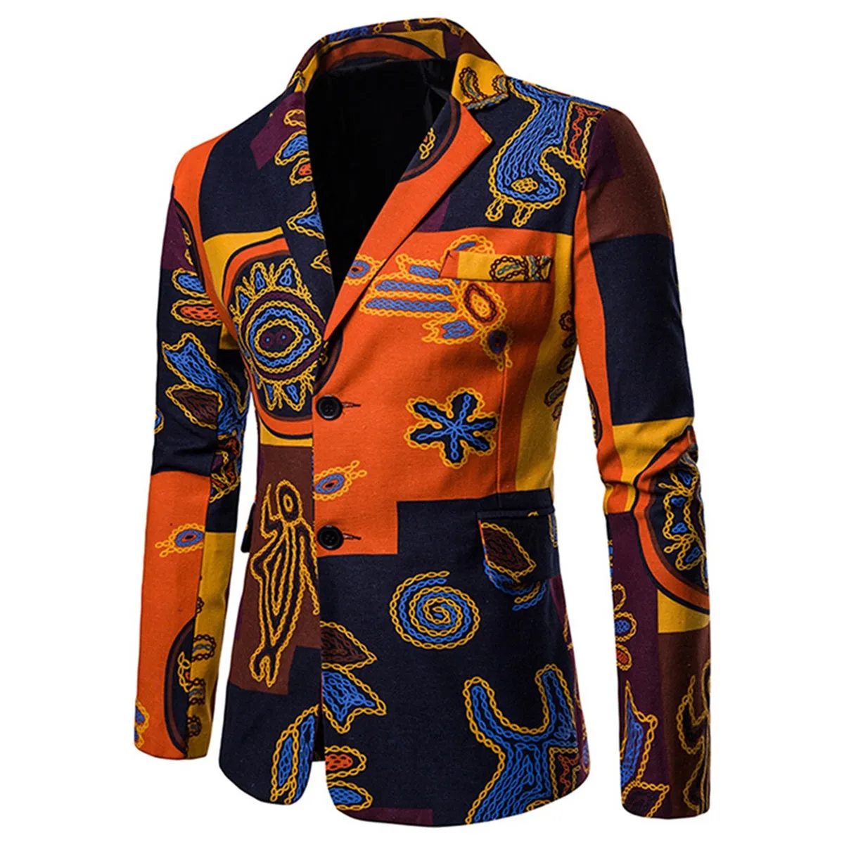 2-Piece Men's Two-Button Ethnic Style Print Suit