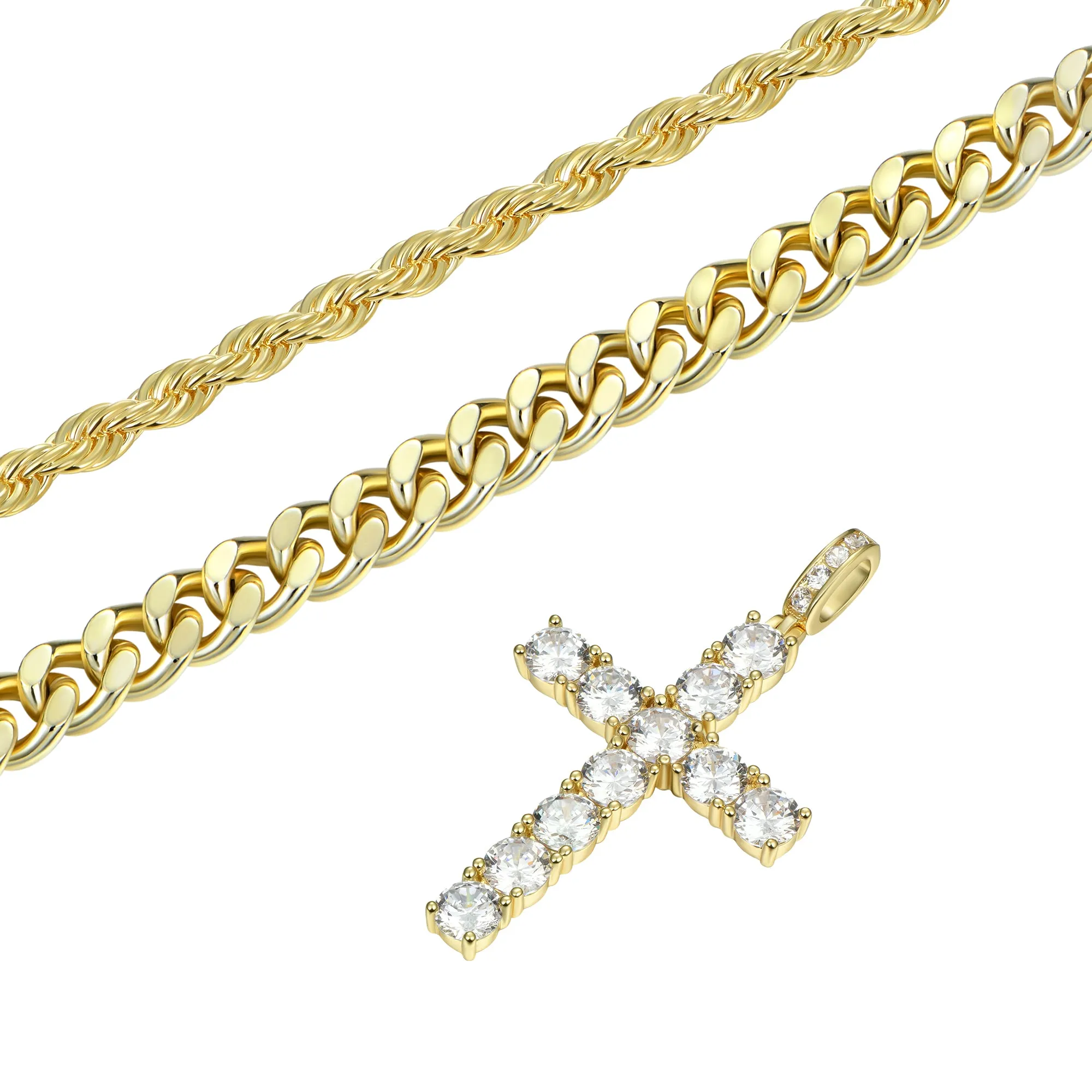 2.5mm Rope Chain   3.5mm Cuban Link Chain   Cross Pendant Gift Set