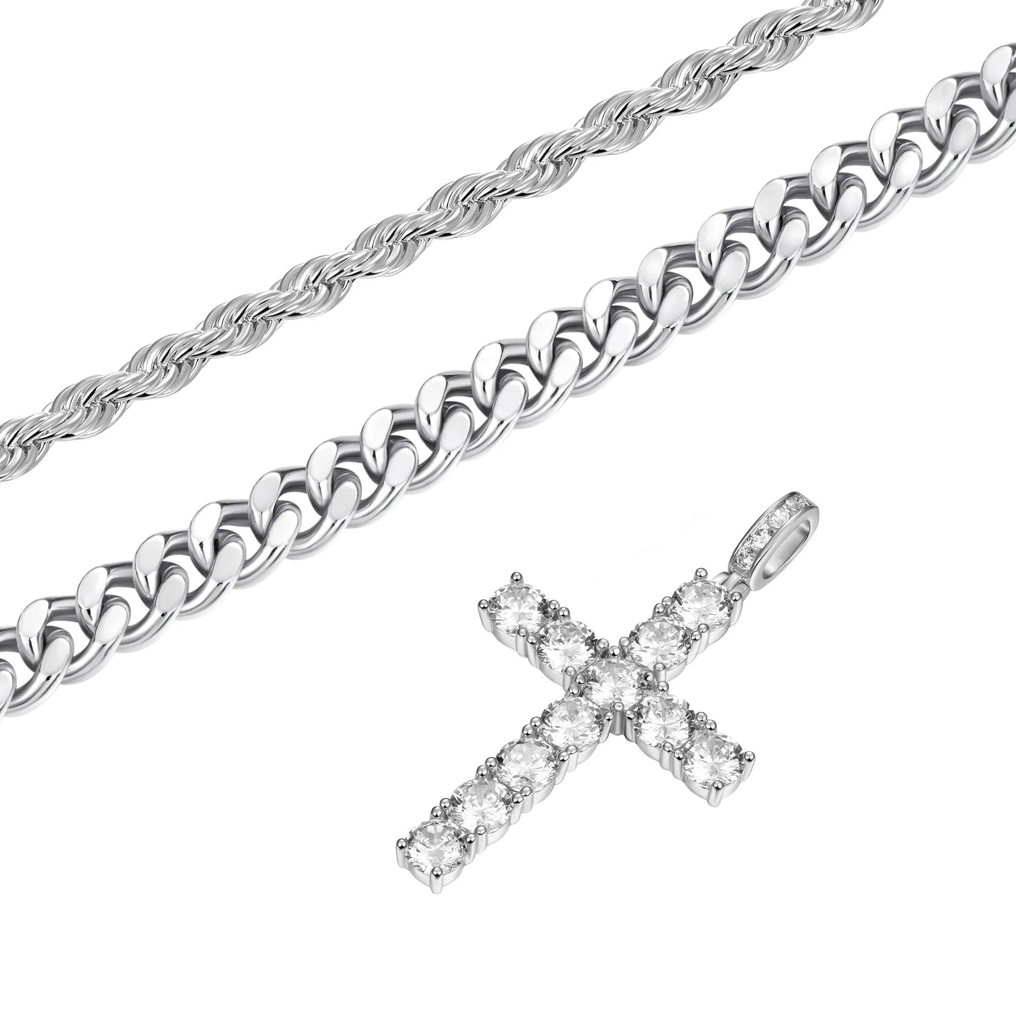 2.5mm Rope Chain   3.5mm Cuban Link Chain   Cross Pendant Gift Set