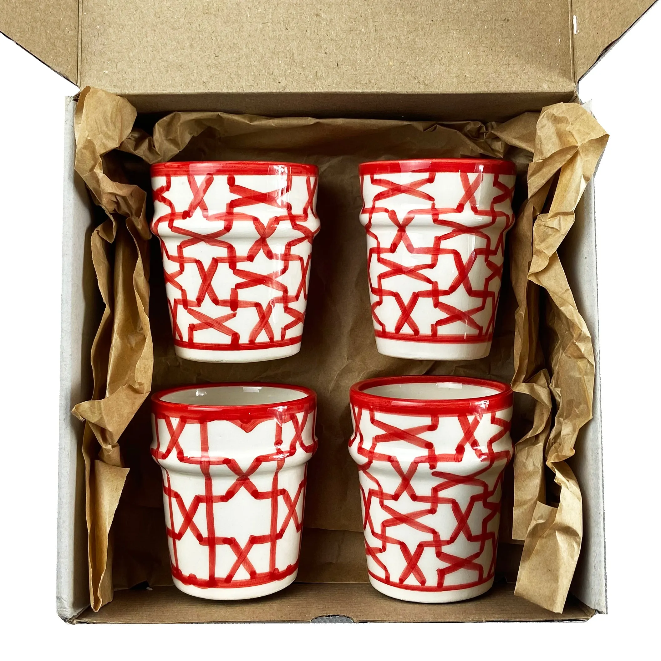 4 Moroccan Coffee Cups with Red Pattern