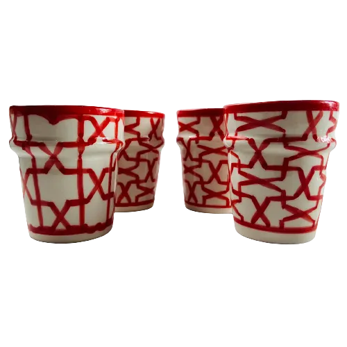 4 Moroccan Coffee Cups with Red Pattern