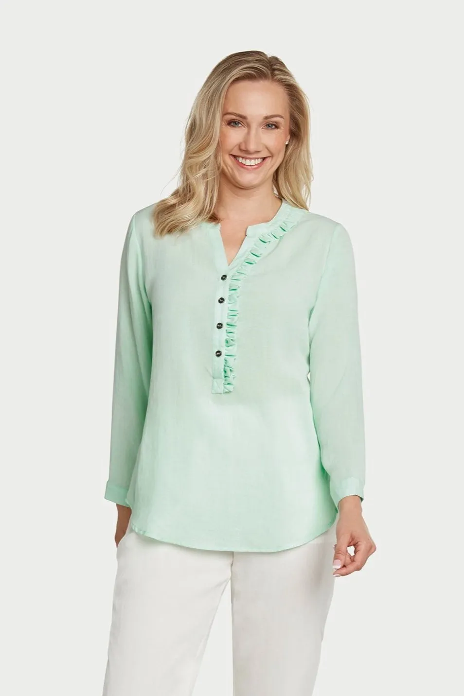 AA270 - Ruffled Neck Linen Pullover