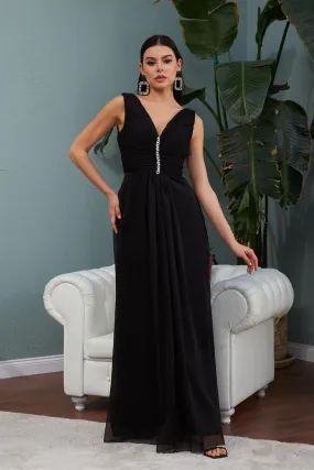 Angelino Black Chiffon Collar Stone Long Evening Dress and Invitation Dress