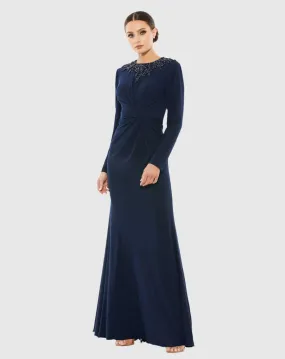 Beaded High Neck Front Twist Long Sleeve Trumpet Gown - FINAL SALE