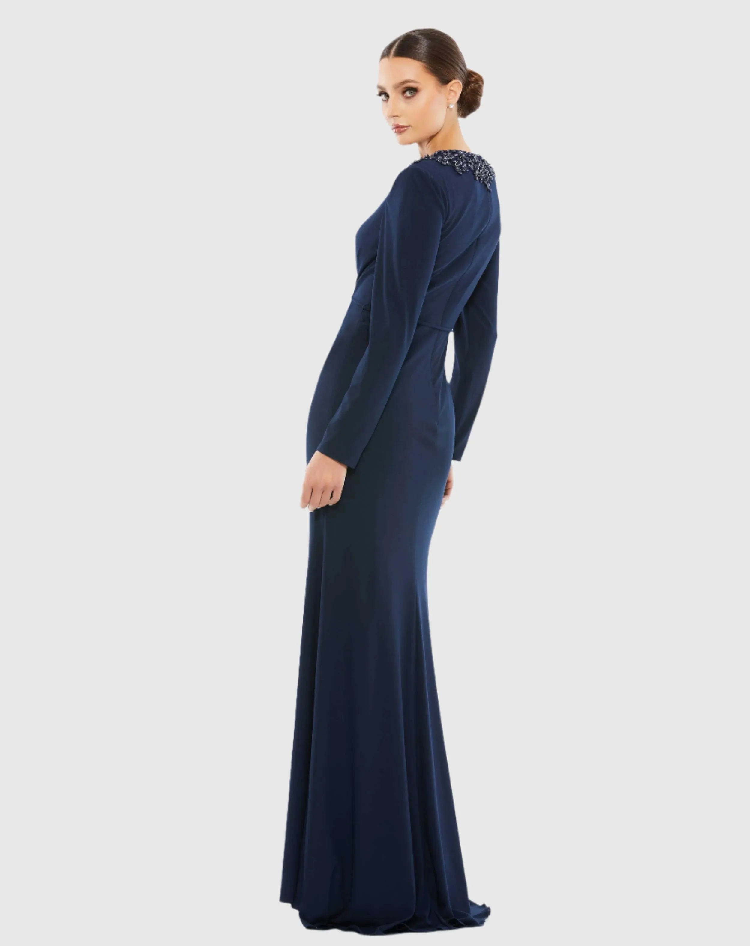 Beaded High Neck Front Twist Long Sleeve Trumpet Gown - FINAL SALE