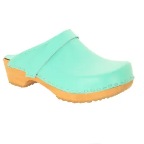 BJORK Maja Wood Open Back Aquamarine Leather Clogs - CLOSEOUT