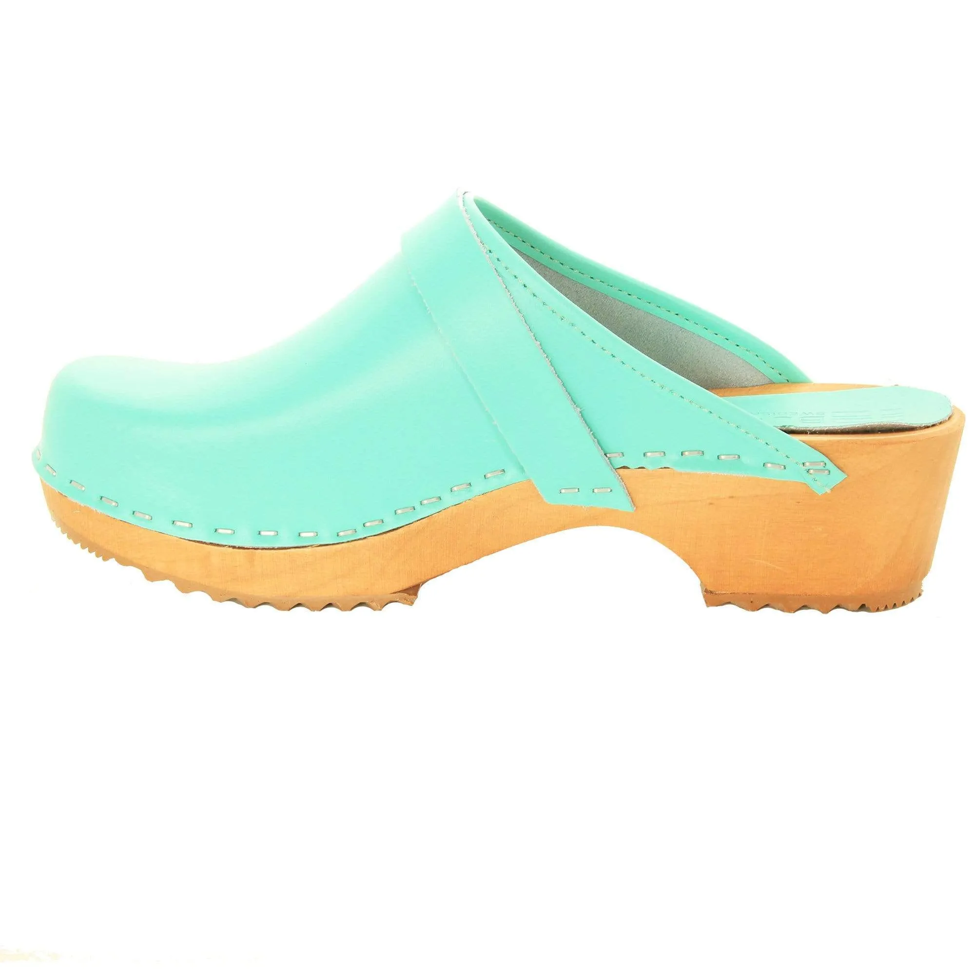 BJORK Maja Wood Open Back Aquamarine Leather Clogs - CLOSEOUT