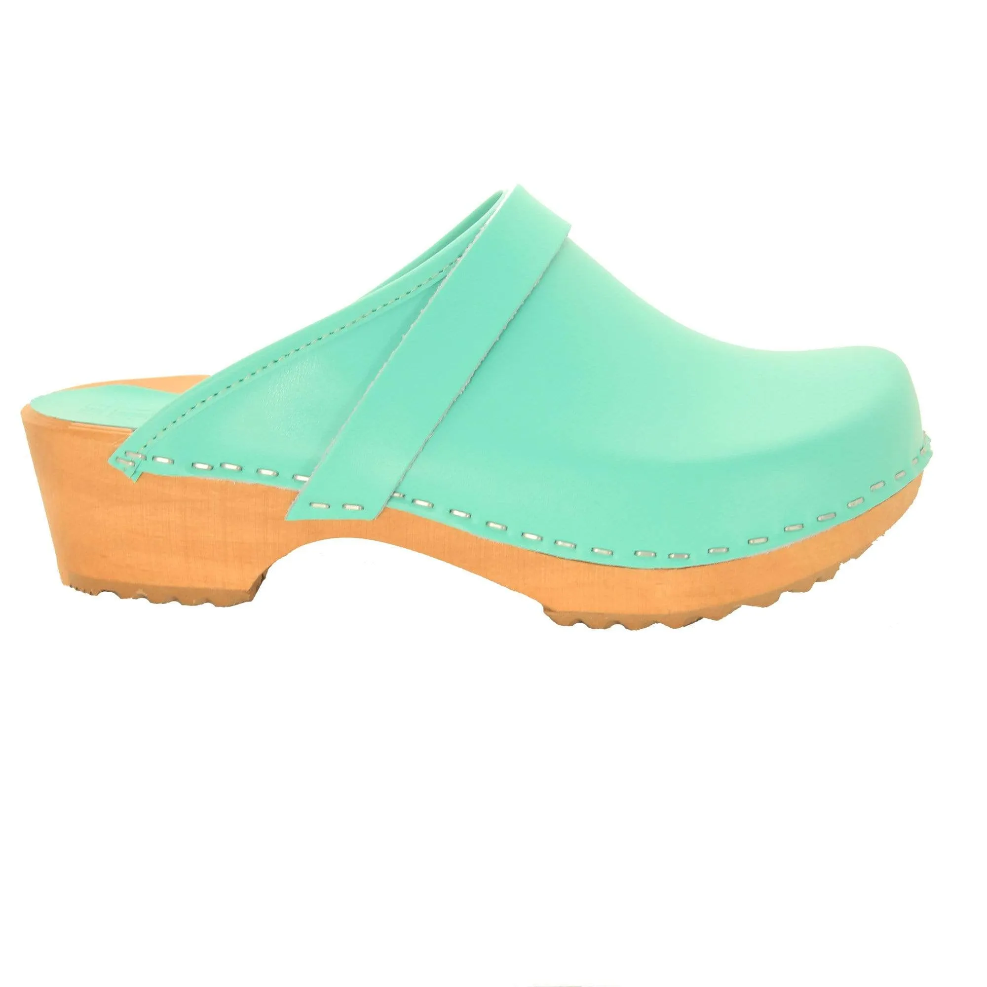 BJORK Maja Wood Open Back Aquamarine Leather Clogs - CLOSEOUT