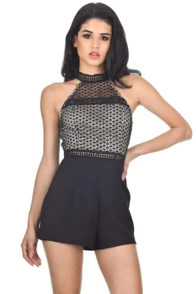 Black Contrast Mesh Top Playsuit