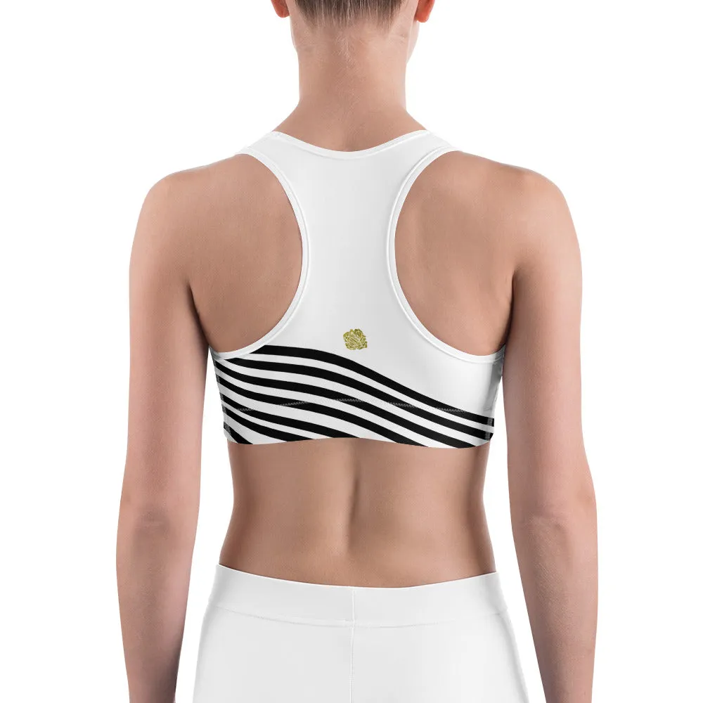 Black Diagonal Striped Sports Bra, White Stripe Print Best Quality Unpadded Women's Gym Bra-Made in USA/EU/MX