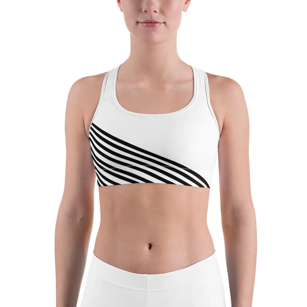 Black Diagonal Striped Sports Bra, White Stripe Print Best Quality Unpadded Women's Gym Bra-Made in USA/EU/MX