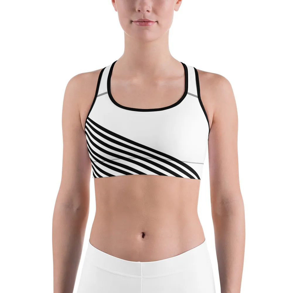 Black Diagonal Striped Sports Bra, White Stripe Print Best Quality Unpadded Women's Gym Bra-Made in USA/EU/MX