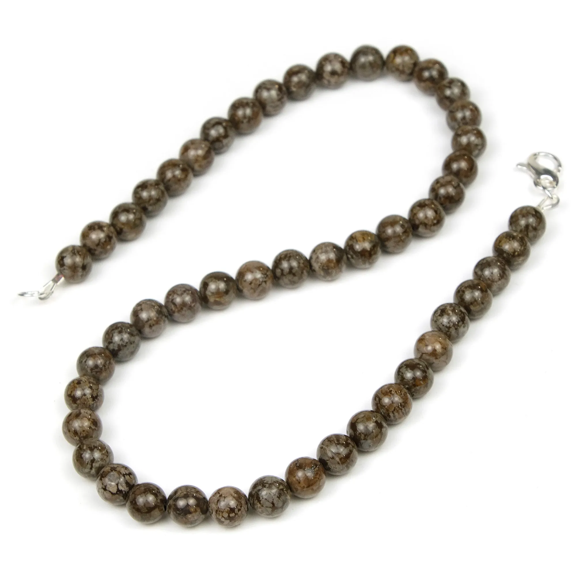 Brown Snowflake Obsidian 8mm Smooth Rounds Necklace with Sterling Silver Fancy Lobster Clasp