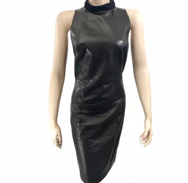 Chanel Black Lambskin Leather Halter Dress Tweed Trim 08P Size US12 | FR42