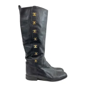 CHANEL - Black Turn Lock CC Leather Boots - 38 US 8