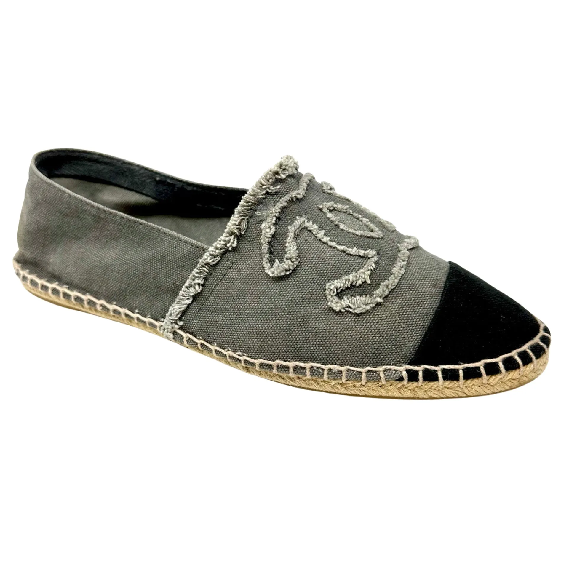 CHANEL Canvas Gray Black Espadrille Flats 11, 11.5 / 42