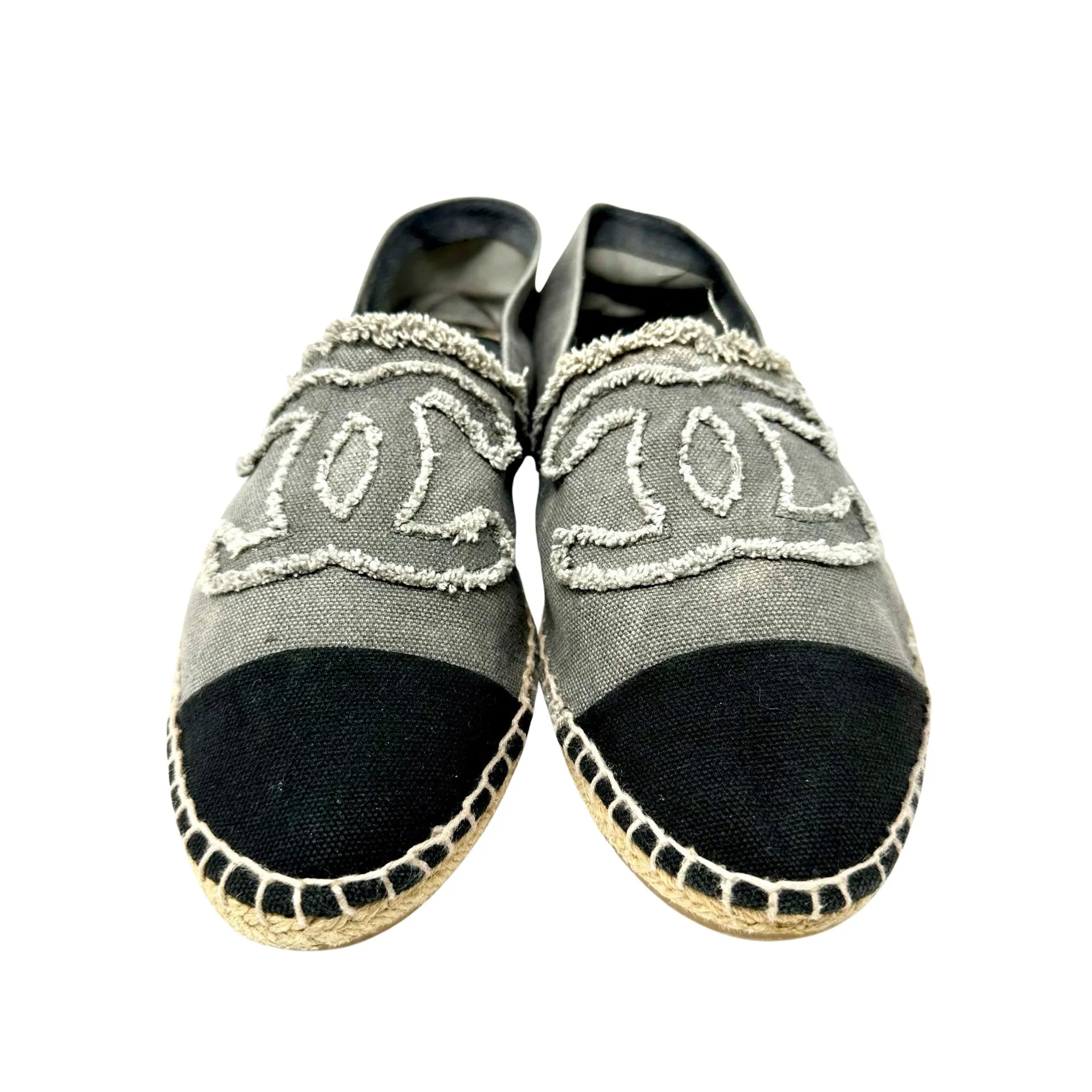 CHANEL Canvas Gray Black Espadrille Flats 11, 11.5 / 42