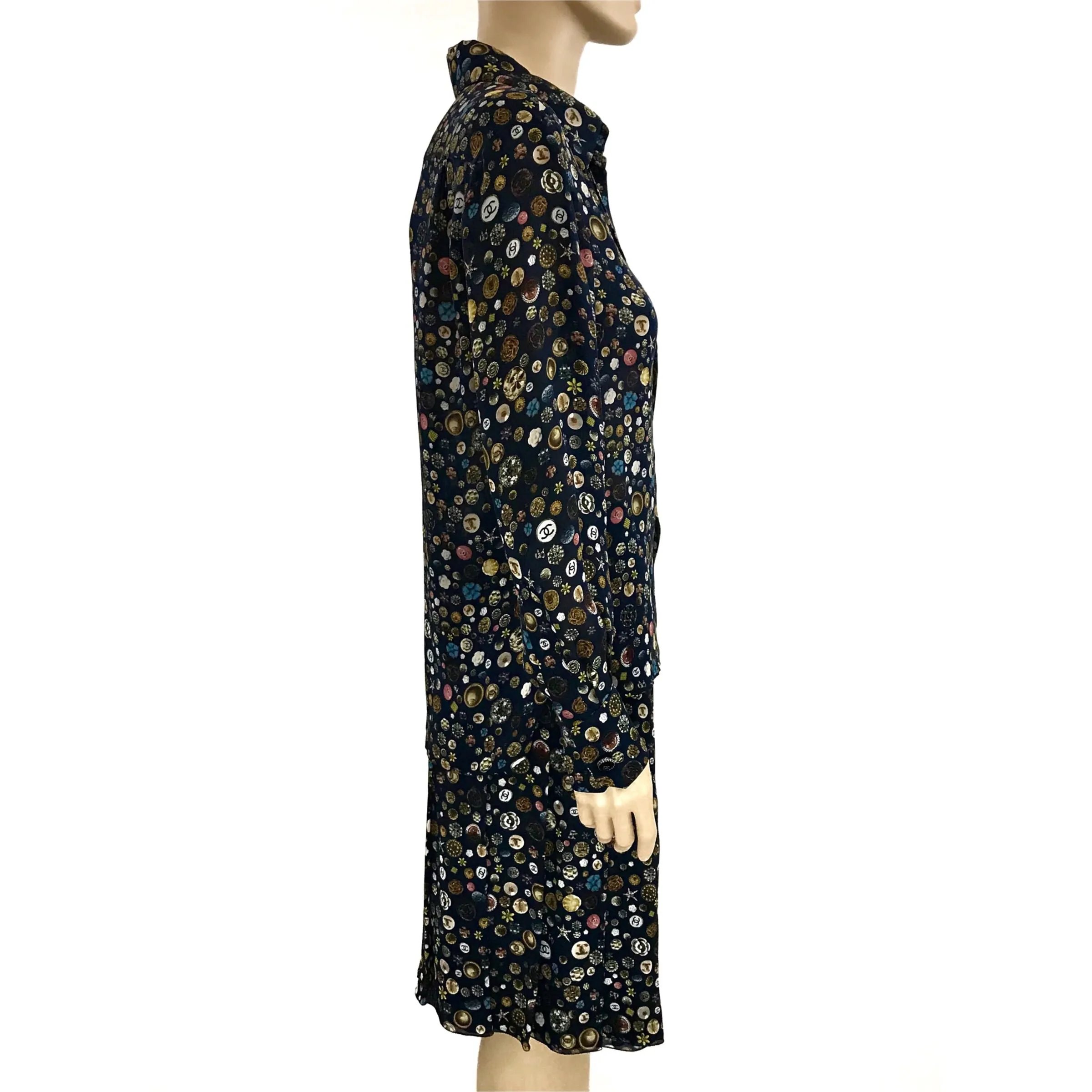 Chanel Silk Button Print 2pc Set Blouse and Skirt