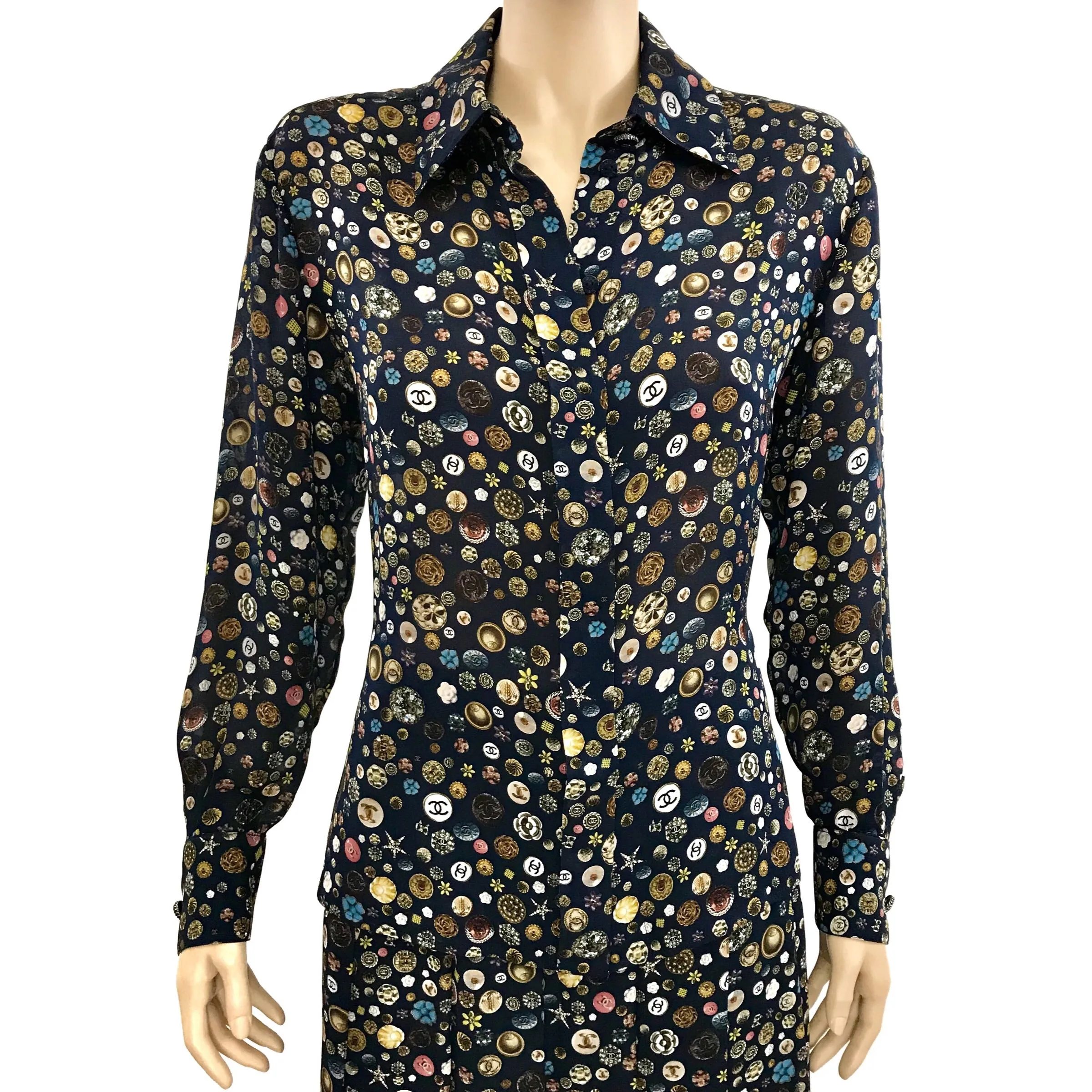 Chanel Silk Button Print 2pc Set Blouse and Skirt