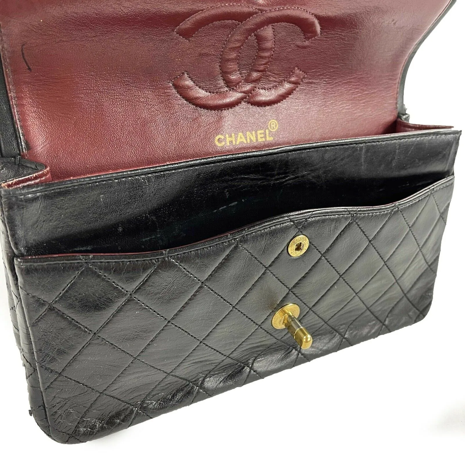 CHANEL - Vintage Black / Gold CC Medium Double Flap Quilted Shoulder / Crossbody