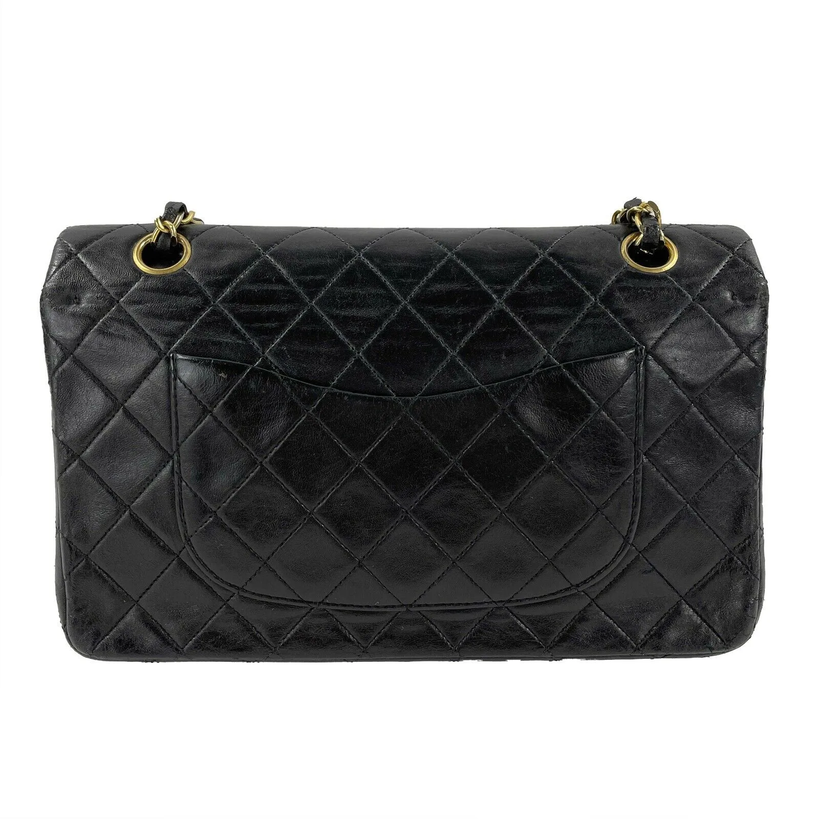 CHANEL - Vintage Black / Gold CC Medium Double Flap Quilted Shoulder / Crossbody