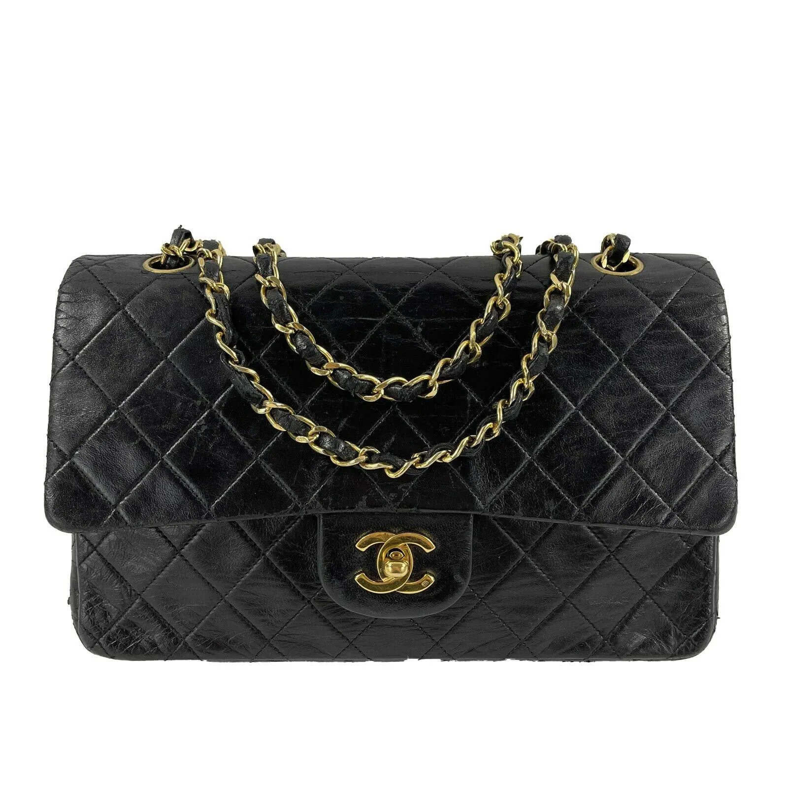 CHANEL - Vintage Black / Gold CC Medium Double Flap Quilted Shoulder / Crossbody