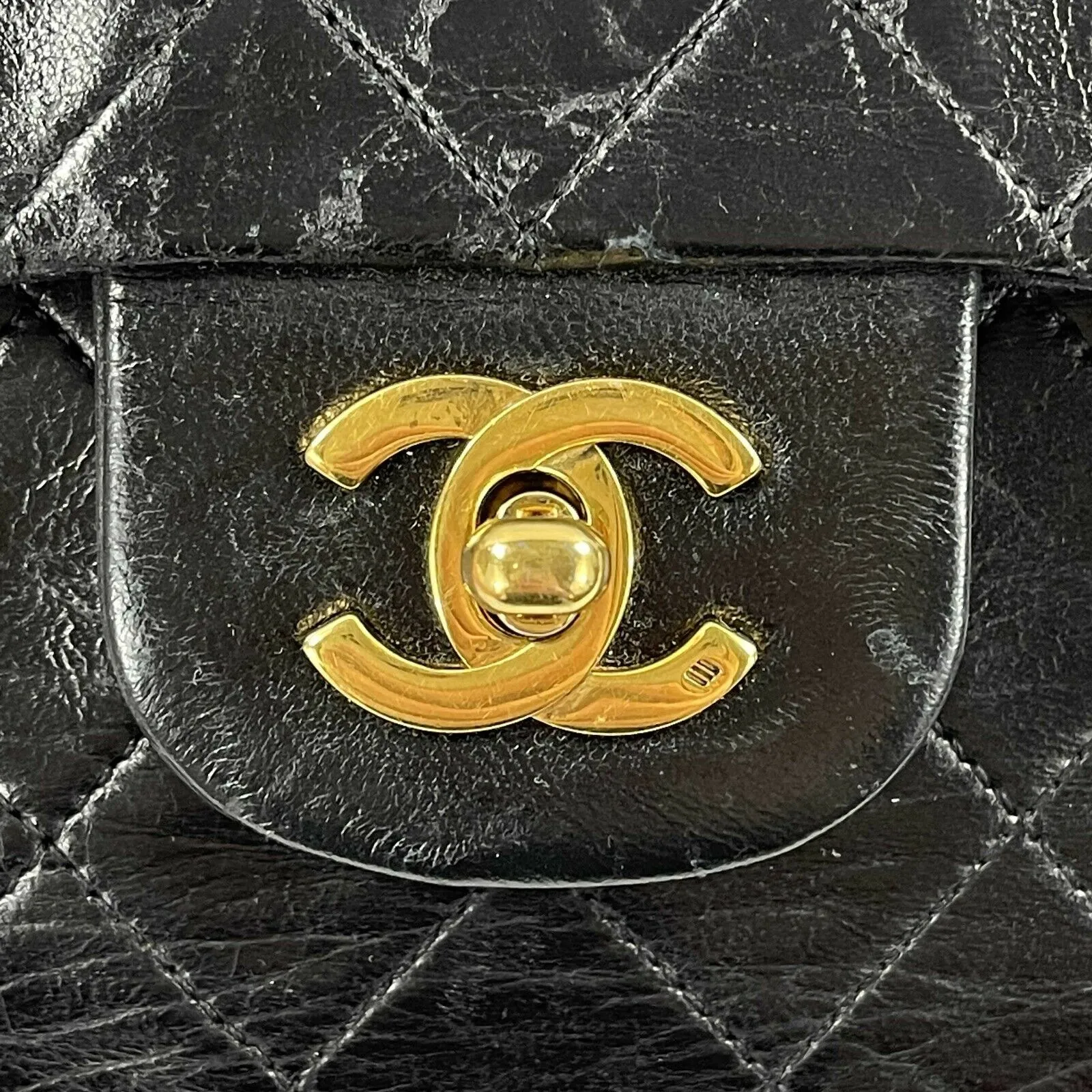 CHANEL - Vintage Black / Gold CC Medium Double Flap Quilted Shoulder / Crossbody