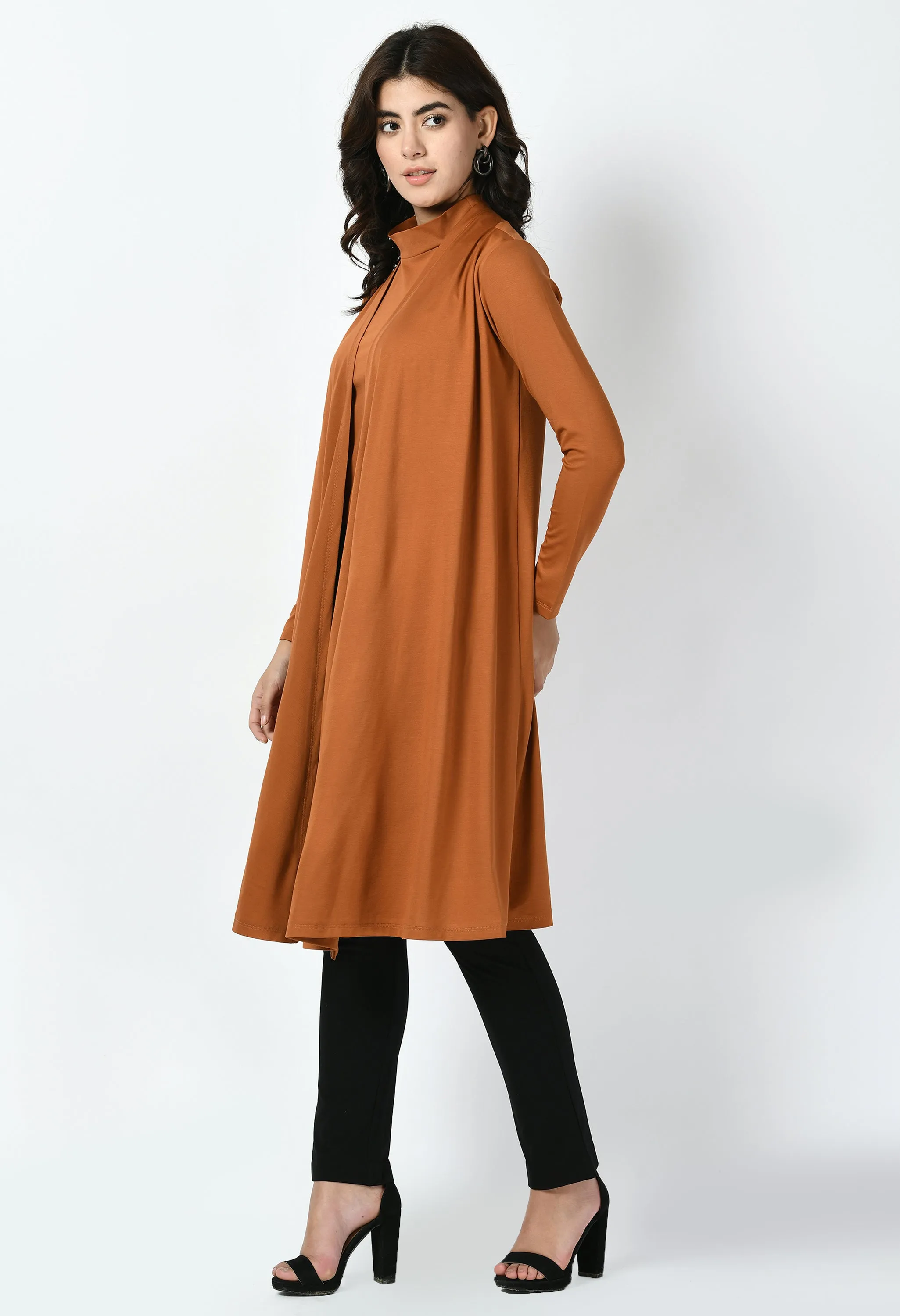 Exude Winsome High-neck T-shirt with Shrug (Tan Brown)