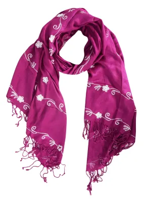 Fuchsia and White Floral Embroidered Vintage Shawl Scarf Wrap with Fringe