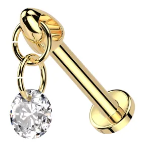 Gold PVD Dangle Clear CZ Charm Internally Threaded Titanium Labret