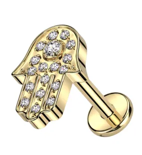 Gold PVD Hamsa Hand Clear CZ Internally Threaded Titanium Labret