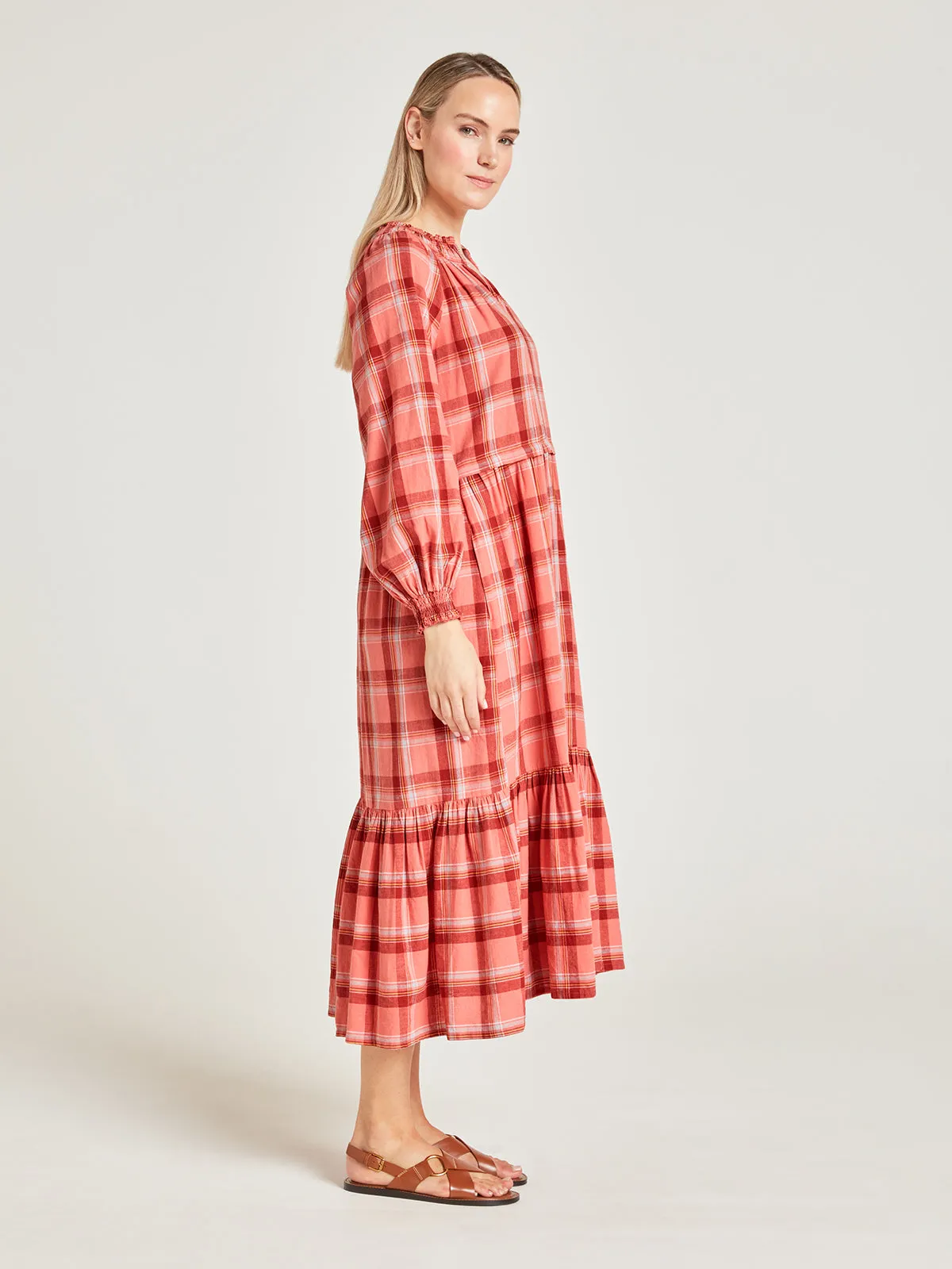 Iman Hemp Check Midi Dress - Light Coral