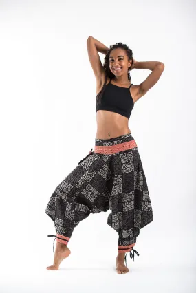 Maze Low Cut Thai Hill Tribe Fabric Women's Harem Pants with Ankle Straps in Black