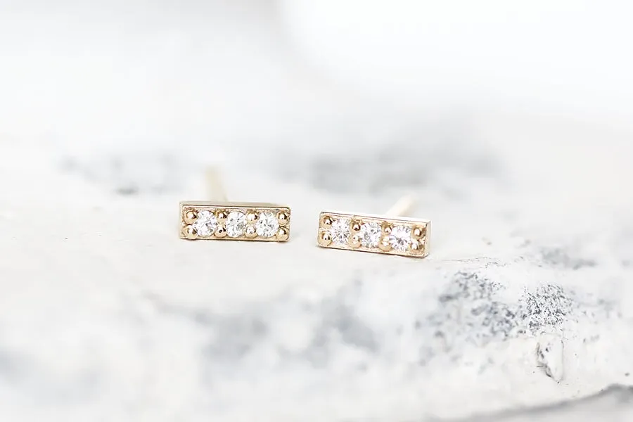 Pave Diamond Bar Studs - 3 Stone