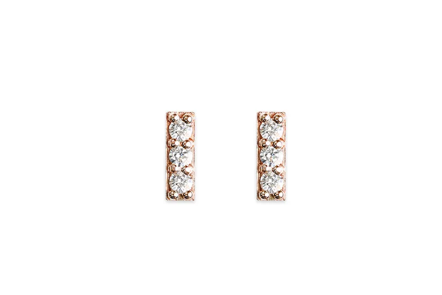 Pave Diamond Bar Studs - 3 Stone