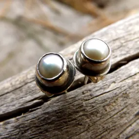 Pearl Sterling Silver Studs, Pearl Post Earrings Set In Recycled Oxidized Sterling Silver, Wedding Bridal Jewelry