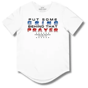 Put Some Grind Behind That Prayer Curved Hem T Shirt - White - Blue / Red