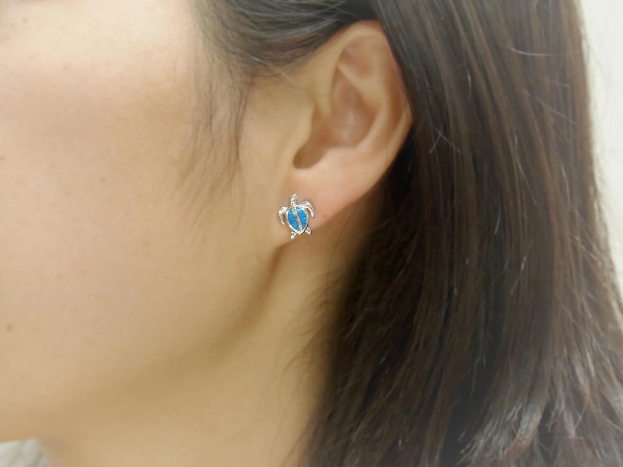 Sterling Silver Synthetic Blue Opal Turtle Stud Earrings