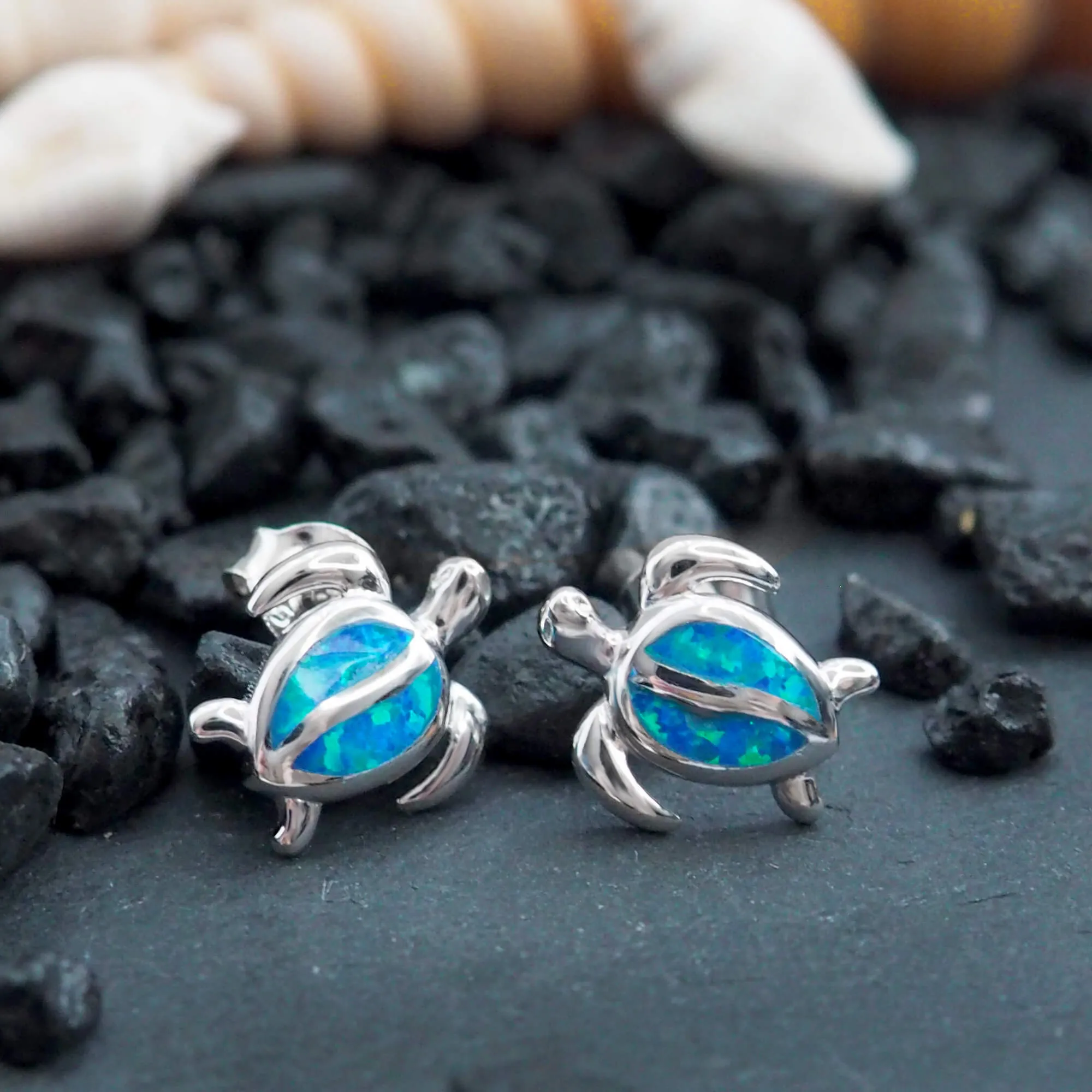 Sterling Silver Synthetic Blue Opal Turtle Stud Earrings